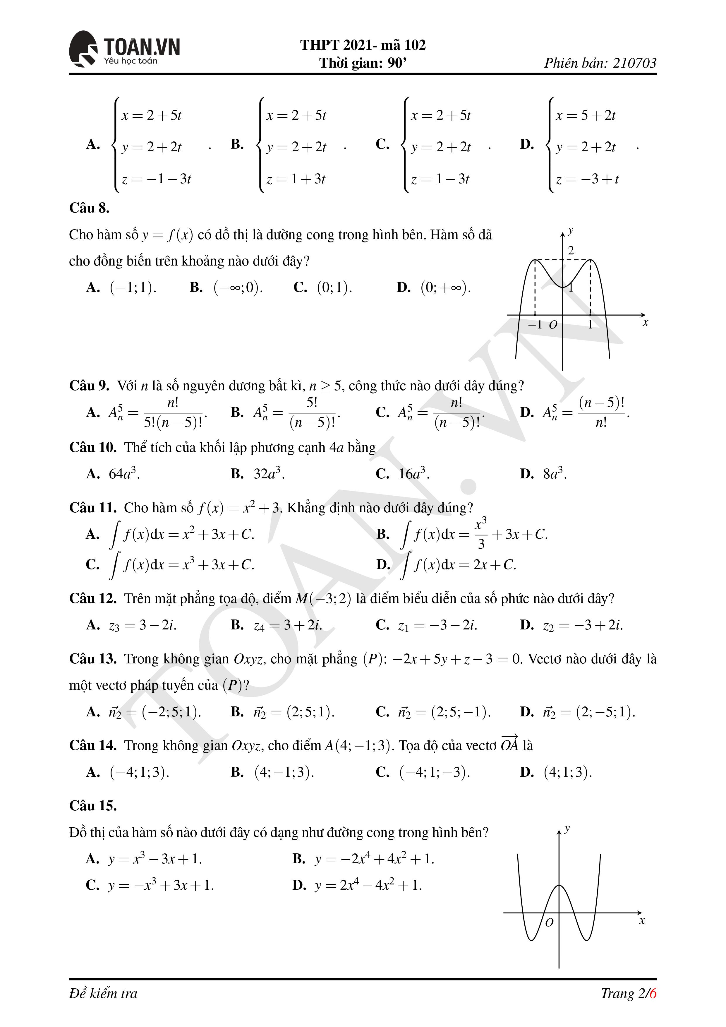 Đề thi THPT QG 2021 môn Toán mã đề 102