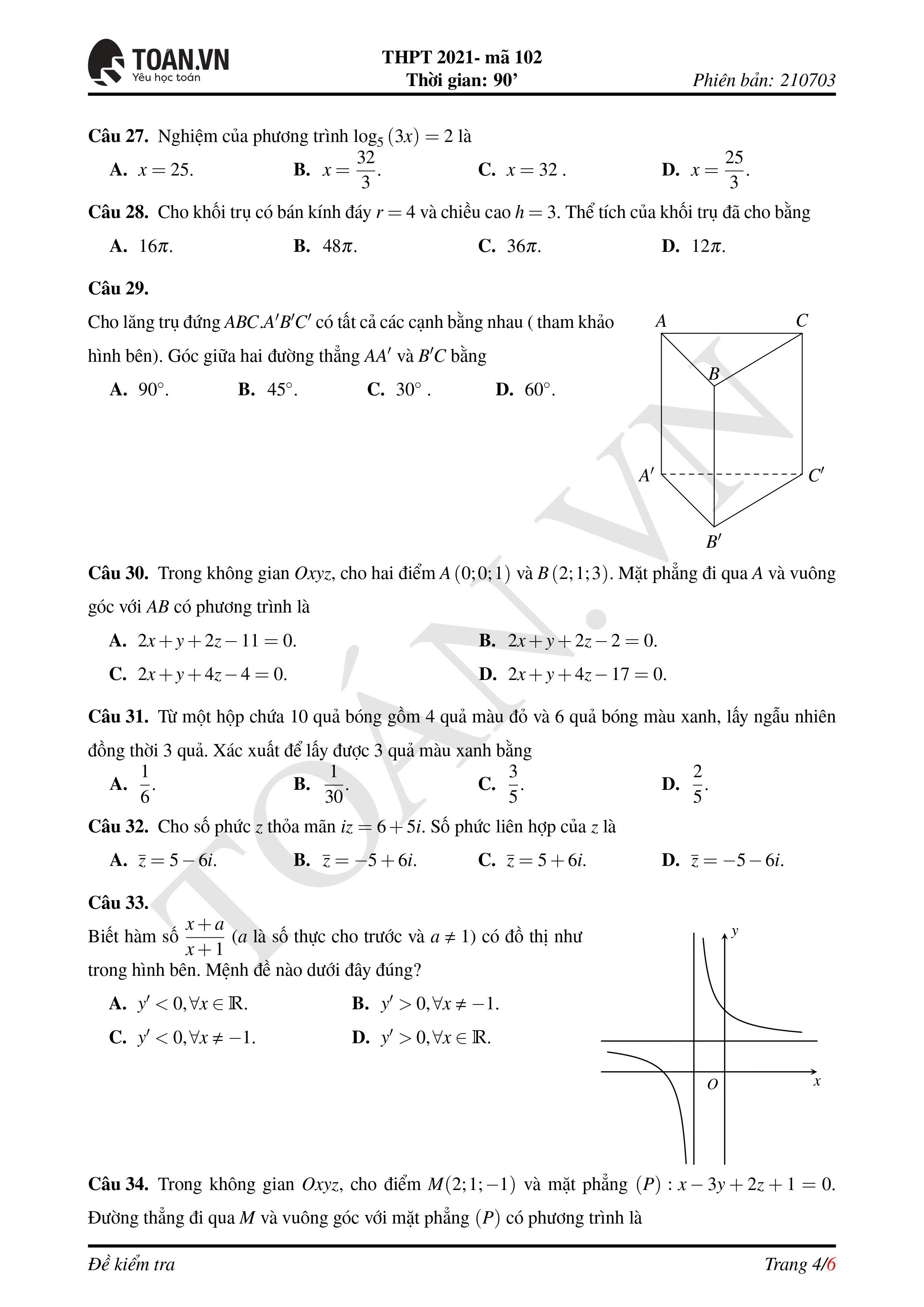 Đề thi THPT QG 2021 môn Toán mã đề 102