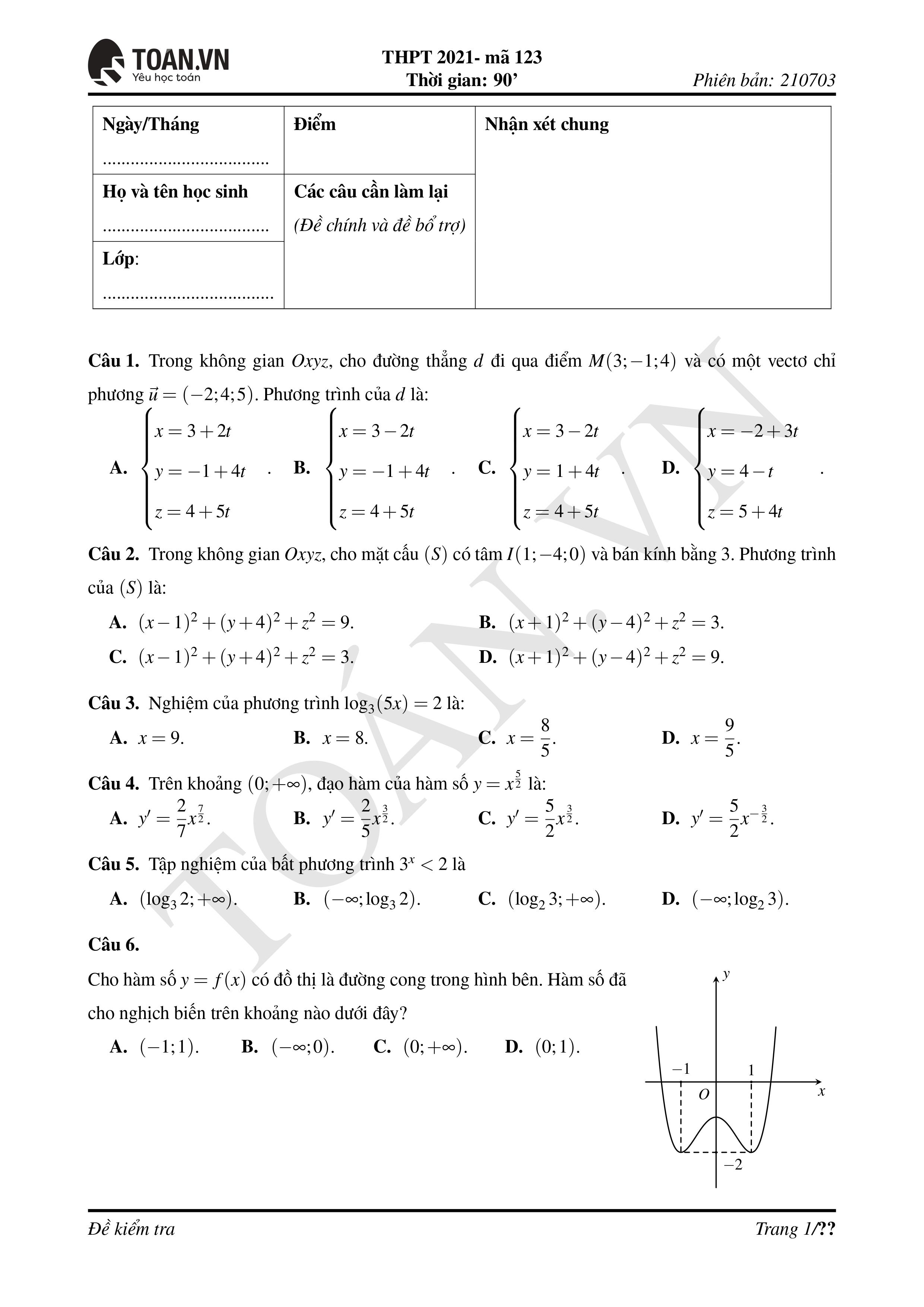 Đề thi môn Toán tốt nghiệp THPT 2021 mã đề 123