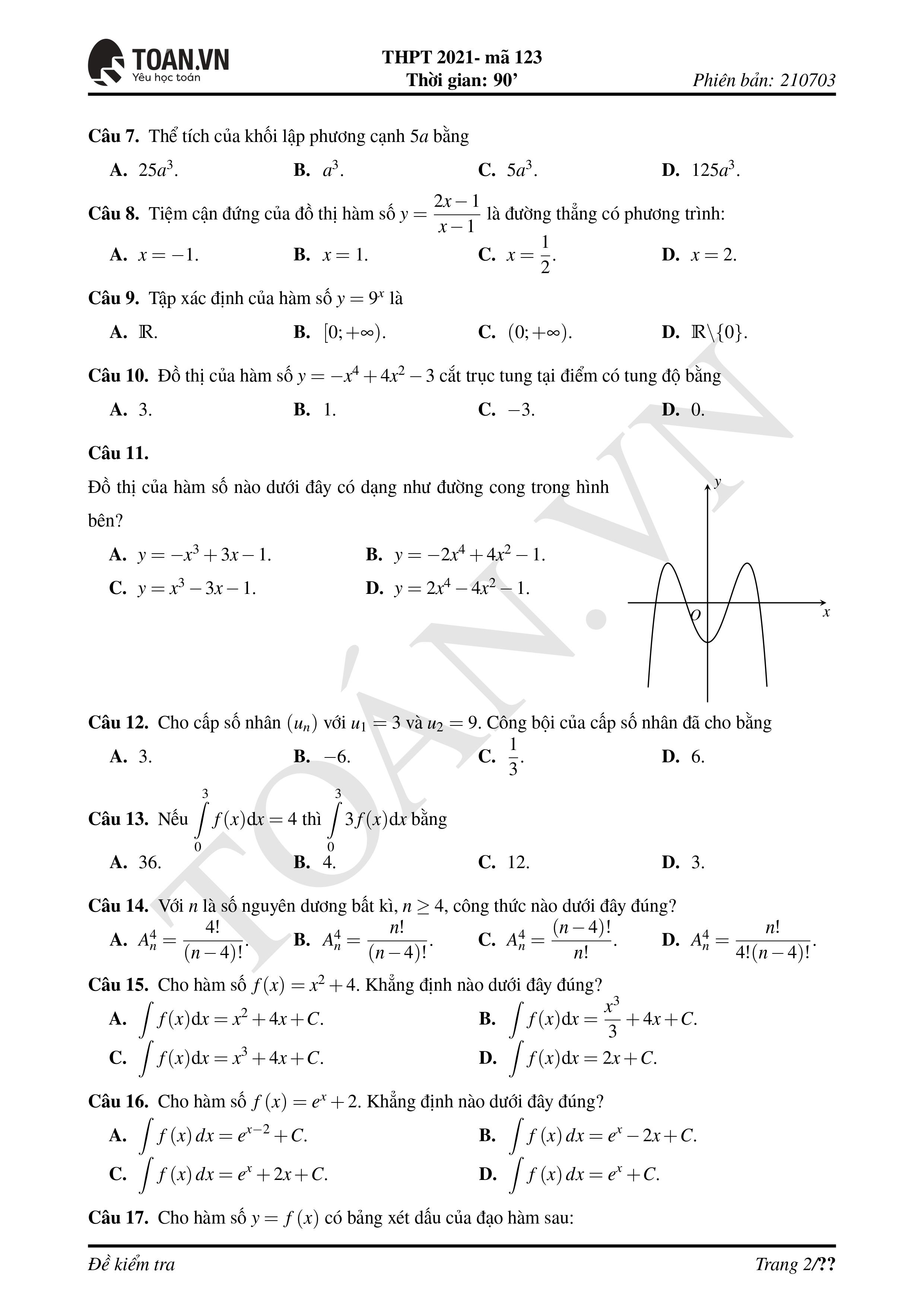 Đề thi môn Toán tốt nghiệp THPT 2021 mã đề 123