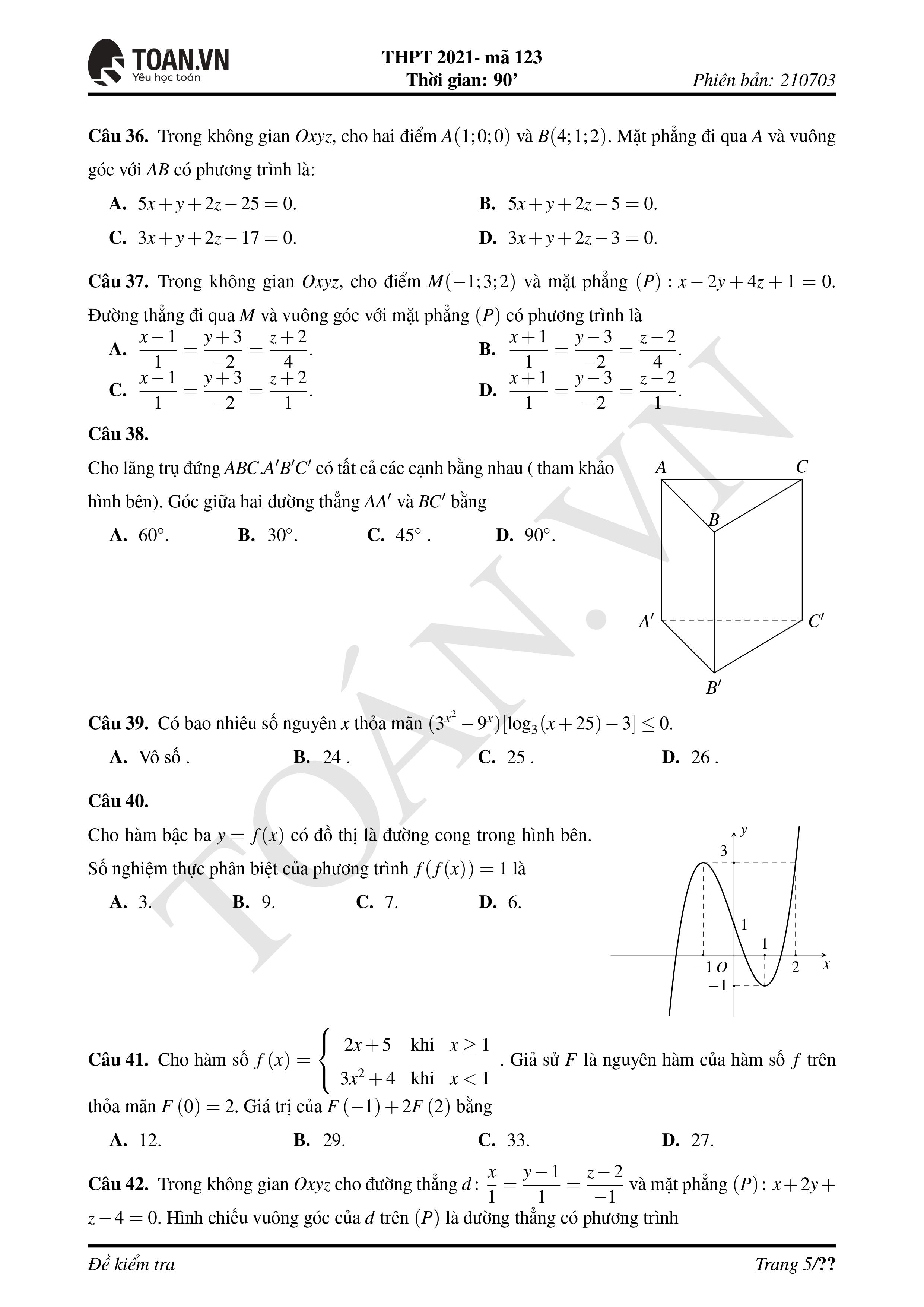 Đề thi môn Toán tốt nghiệp THPT 2021 mã đề 123