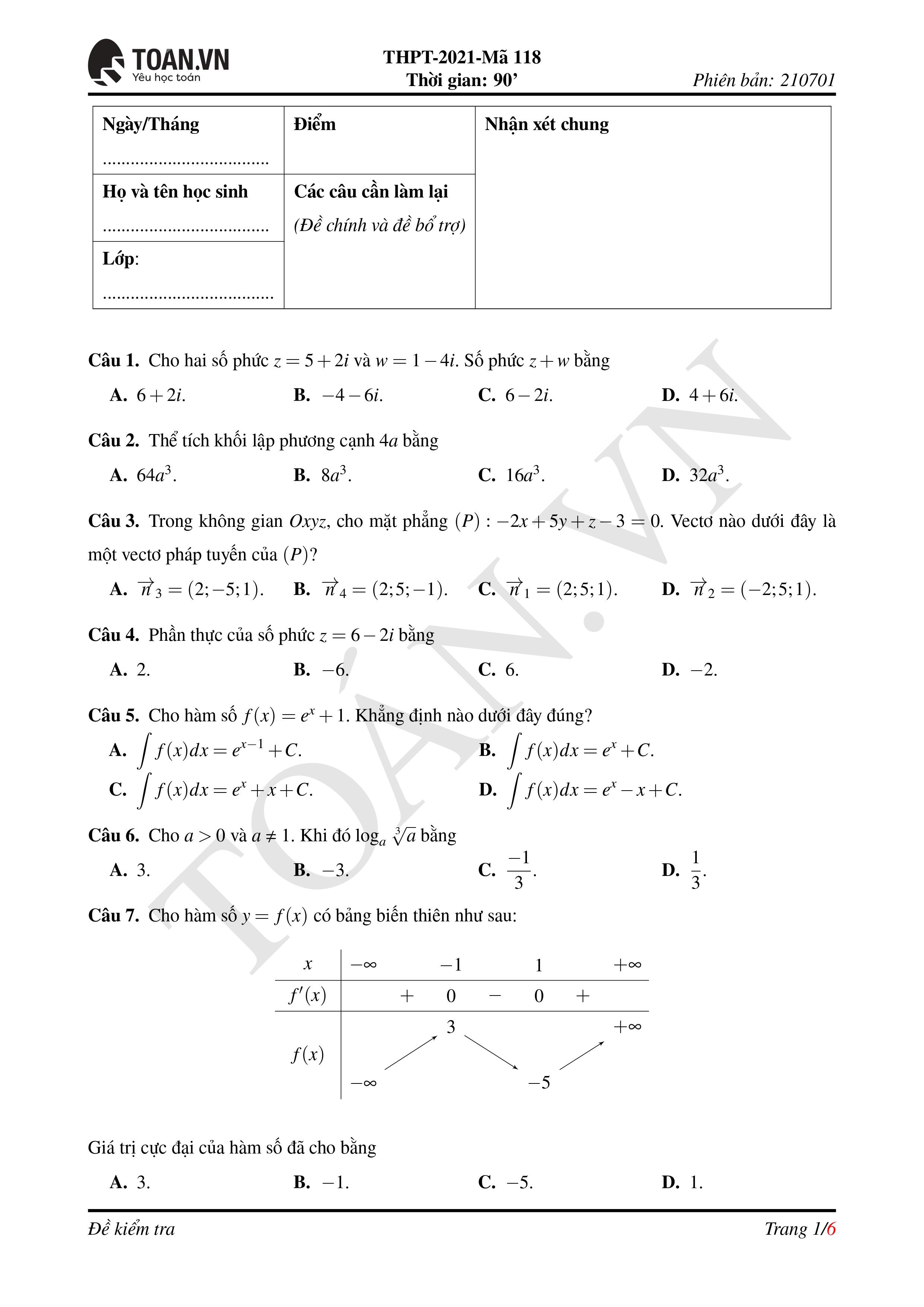 Đề thi môn Toán tốt nghiệp THPT 2021 mã đề 118