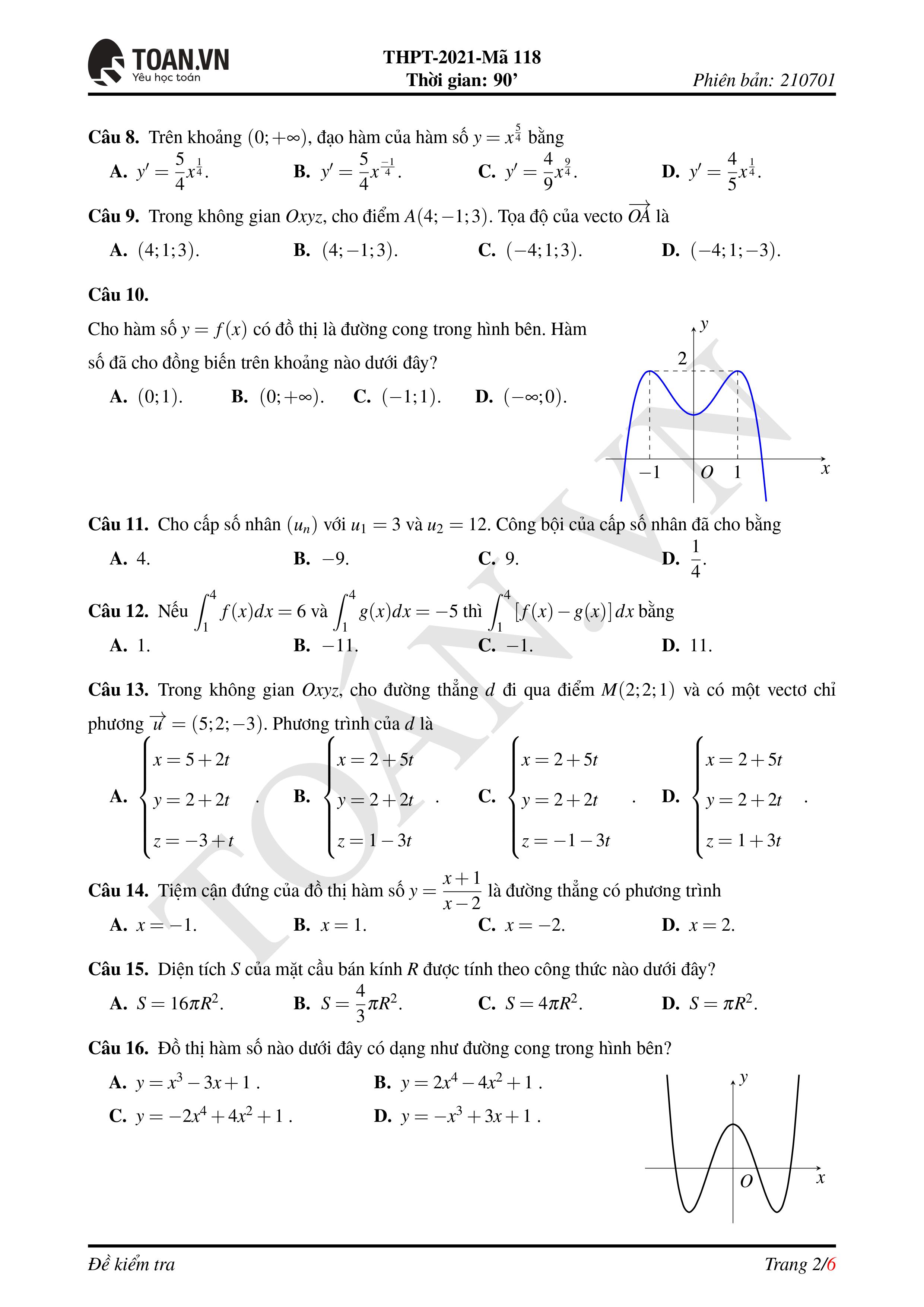 Đề thi môn Toán tốt nghiệp THPT 2021 mã đề 118