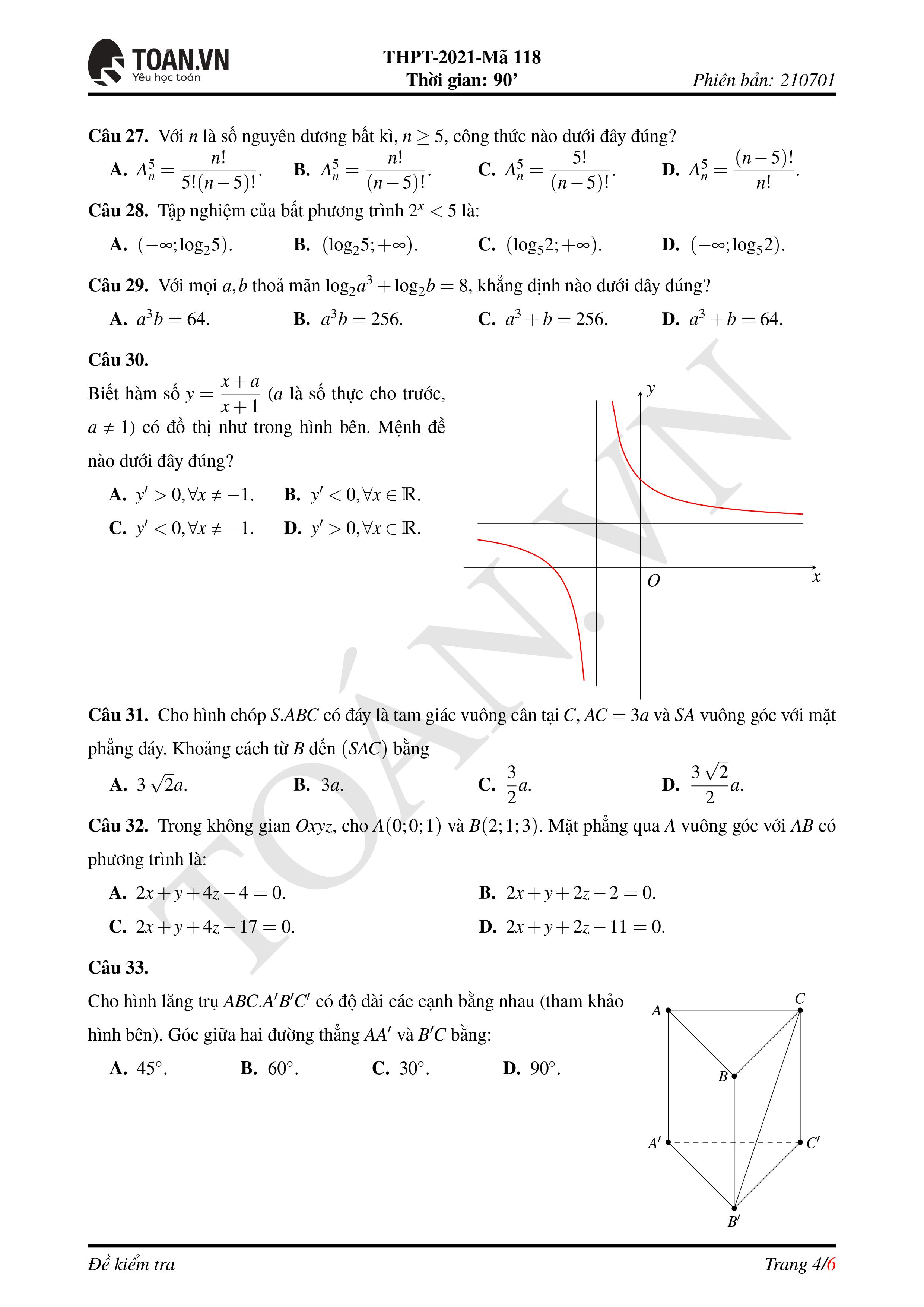 Đề thi môn Toán tốt nghiệp THPT 2021 mã đề 118